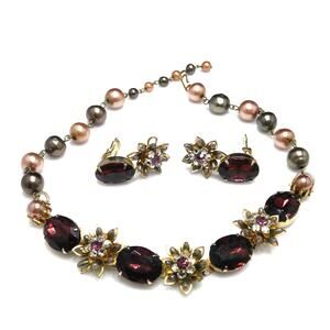Vintage 1950s Purple Rhinestone Floral Necklace Earrings Faux Pearl
